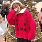 Christmas Print Color-block Loose-fit Pullover Red - One Size
