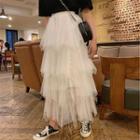 High-waist Layered Pleated Sheer Maxi Skirt