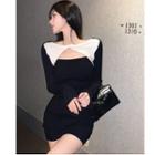 Long-sleeve Two-tone Cutout Knit Mini Sheath Dress Black - One Size