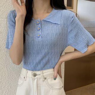 Short-sleeve Lapel Flower Button Ruched Knit Dress