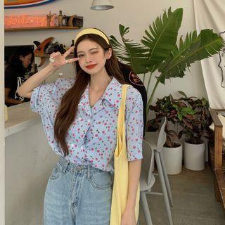 Elbow-sleeve Open-collar Floral Print Shirt