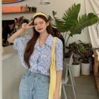 Elbow-sleeve Open-collar Floral Print Shirt