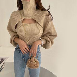 Set: Funnel-neck Knit Bolero + Knit Tank Top