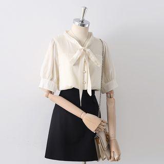 Puff-sleeve Ribbon Tie-neck Blouse