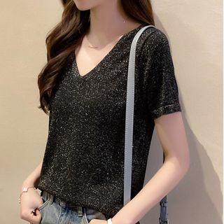 Short-sleeve Glittered V-neck T-shirt