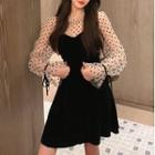 Long-sleeve Dot Mesh Panel Velvet Mini Dress Black - One Size