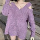 V-neck Cut-out Sweater Purple - One Size