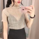 Short Sleeve High-neck Sheer Pleated Top