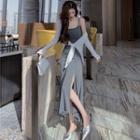 Tie-front Light Cardigan / Slited Sleeveless Midi Dress