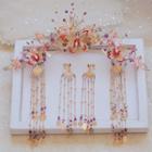 Set: Wedding Butterfly Hair Comb + Fringed Earring + Hair Stick Set - Gold - One Size