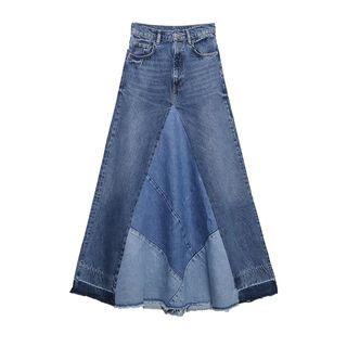 Denim Patchwork Midi A-line Skirt