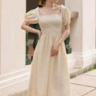 Puff-sleeve Faux Pearl Strap Midi A-line Dress
