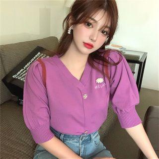 Flower Short-sleeve Knit Top Purple - One Size