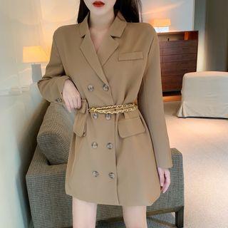 Double-buttoned Lapel Collar Dress With Waist Bag