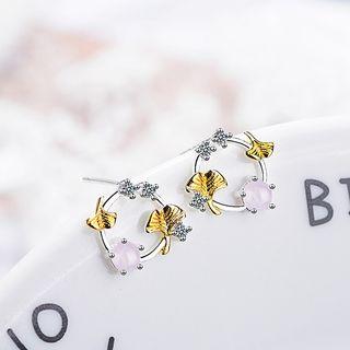 Leaf Rhinestone Hoop Earring Silver Plating & Gold - One Size