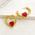 Heart Hoop Earring 1 Pair - Heart Earrings - Red & Gold - One Size