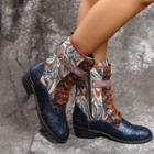Printed Block Heel Lace Up Mid-calf Boots