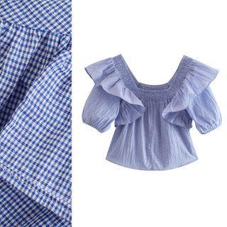 Short-sleeve Square-neck Ruffled Check Crop Top