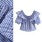 Short-sleeve Square-neck Ruffled Check Crop Top