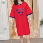 Lettering Elbow-sleeve T-shirt Dress Red - One Size