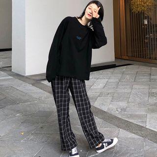 Set: Long-sleeve Lettering T-shirt + Wide-leg Plaid Pants