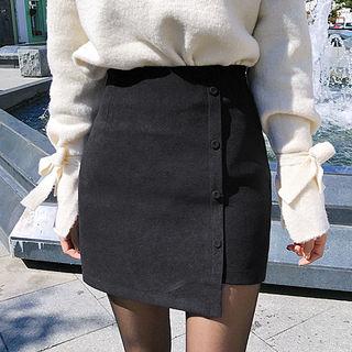 Buttoned Faux-suede Mini Wrap Skirt