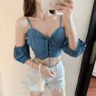 Lace-up Drop-shoulder Denim Top