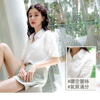 Short-sleeve Eyelet Panel Plain Blouse