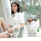 Short-sleeve Eyelet Panel Plain Blouse