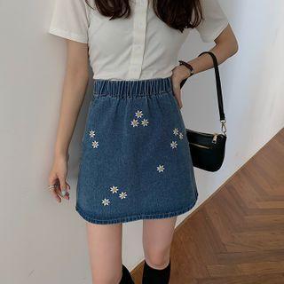 Floral Embroidered A-line Denim Mini Skirt