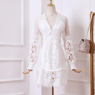 Puff Sleeve Cutout Embroidered Dress