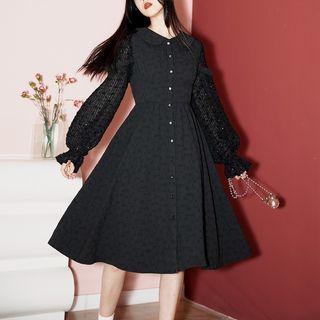 Long-sleeve Collar Ruffle A-line Dress