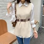 Set: Sweater Vest + Smocked-cuff Blouse + Belt
