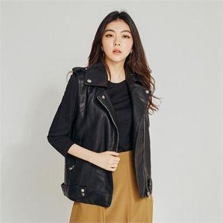 Sleeveless Belted Faux-leather Biker Jacket Black - One Size