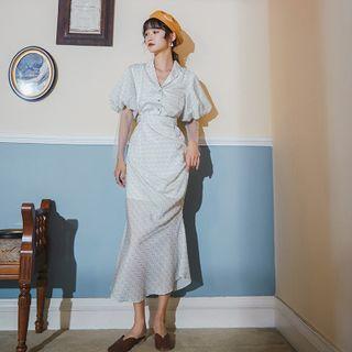 Puff-sleeve Floral Print Mermaid Midi Dress