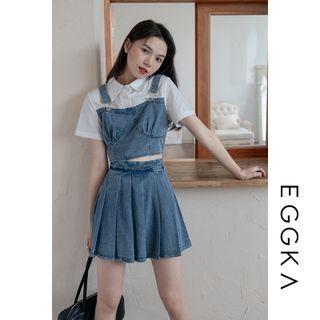 Set: Mock Two-piece Short-sleeve Denim Top + Pleated A-line Denim Skirt