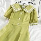 Short-sleeve Sailor Collar Midi A-line Dress Green - One Size