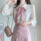Piped-frill Faux-pearl Blouse With Tie