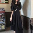 Puff-sleeve Asymmetric Midi A-line Dress