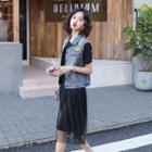 Set: Denim Vest + Short-sleeve Sheer Panel Midi Dress