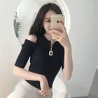 Short-sleeve Cold Shoulder Half-zip Knit Top
