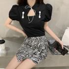 Cut-out Puff-sleeve Top / Zebra Print Mini A-line Skirt