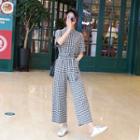 Checked Collared Short-sleeve Cropped Jumpsuit