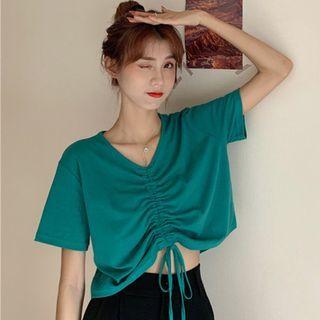 Short-sleeve Drawstring Plain Cropped T-shirt