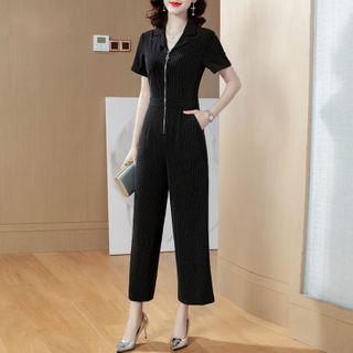 Pinstriped Short-sleeve Crop Jumpsuit