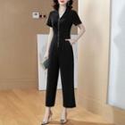 Pinstriped Short-sleeve Crop Jumpsuit