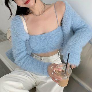 Set: Plain Cardigan + Knit Camisole Top Cardigan - Blue - One Size / Camisole Top - Blue - One Size