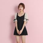 Short-sleeve Two Tone Swimsuit / Pouch / Set