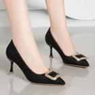 Pointed Metal Accent Flared Heel Pumps
