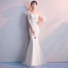 Elbow-sleeve Lace Sheath Evening Gown